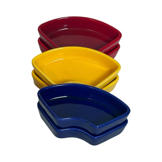 Image 1 of Lazy Susan / Dienblad - Teakhout en veelkleurige keramische schalen - Scandinavisch ontwerp uit de jaren 1970