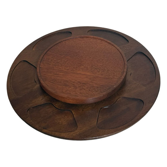 Image 1 of Lazy Susan / Dienblad - Teakhout en veelkleurige keramische schalen - Scandinavisch ontwerp uit de jaren 1970