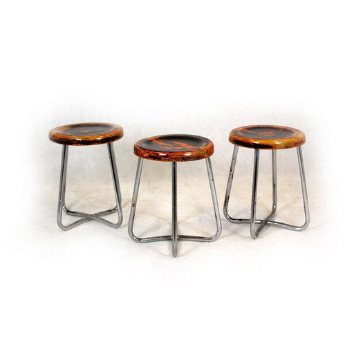 Set van 3 vintage Bauhaus verchroomde stalen krukken van Robert Slezak, Tsjecho-Slowakije jaren 1930