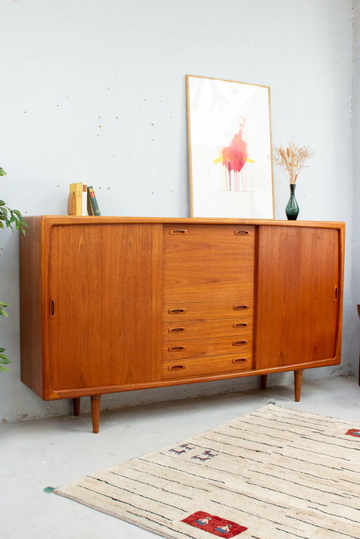 H.P. Hansen teakhouten buffetkast met hoge laden Deens Midcentury