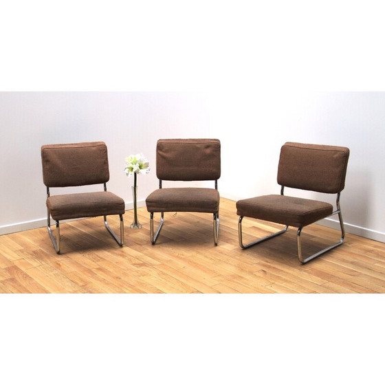 Image 1 of Set van 3 vintage fauteuils in verchroomd metaal en wol, 1950