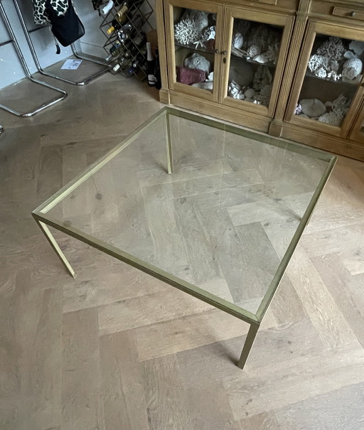 Grote Vintage Salontafel, Goud Gelakt Stalen Frame, Glazen Blad, 1960'S