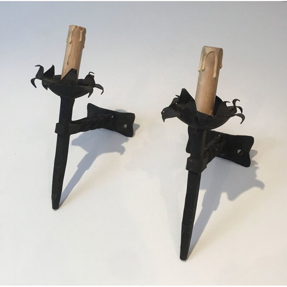 Image 1 of Paar vintage smeedijzeren wandlampen, 1940