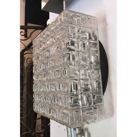 Image 1 of Vierkante vintage wandlamp van glas en zwart gelakt metaal