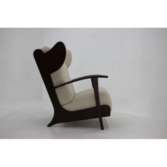 Image 1 of Vintage Wing fauteuil in beukenhout en krulwol, Tsjecho-Slowakije 1940