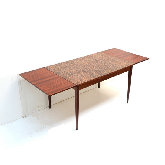 Image 1 of Unieke vintage Brutalist uitschuifbare eettafel met koperen blad