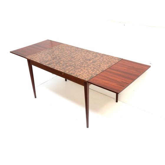 Image 1 of Unieke vintage Brutalist uitschuifbare eettafel met koperen blad