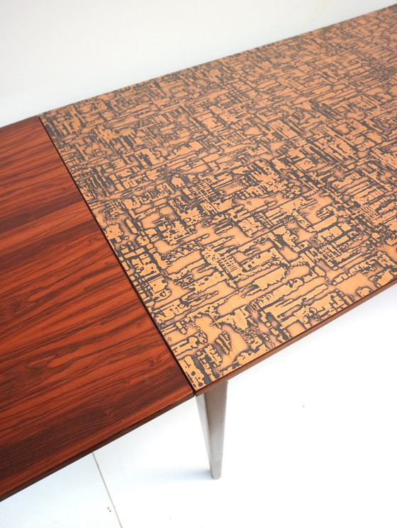 Image 1 of Unieke vintage Brutalist uitschuifbare eettafel met koperen blad