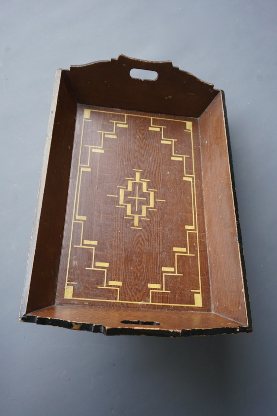 Image 1 of Amsterdamse School Beschilderd Houten Dienblad, jaren 1930