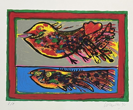 Gesigneerd; Guillaume Corneille Lithografie Poisson Oiseau 1992