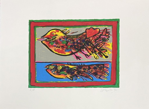 Gesigneerd; Guillaume Corneille Lithografie Poisson Oiseau 1992