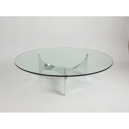Vintage Helix salontafel in roestvrij staal en glas van Paul Legeard voor Dom, Frankrijk 1970