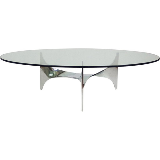 Vintage Helix salontafel in roestvrij staal en glas van Paul Legeard voor Dom, Frankrijk 1970