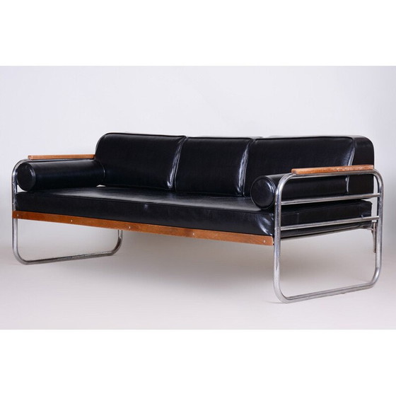 Image 1 of Vintage zwartleren bank van Thonet, Tsjecho-Slowakije jaren 1930