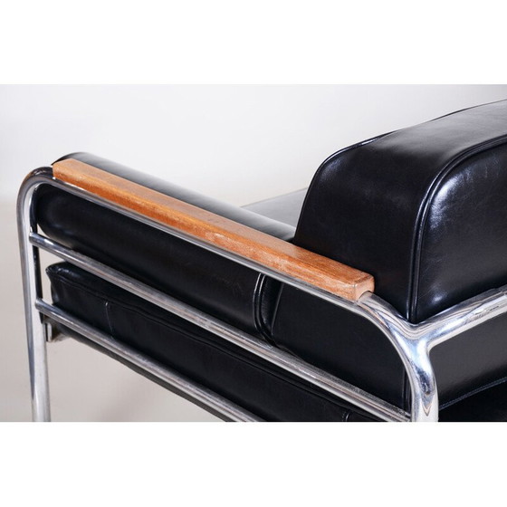 Image 1 of Vintage zwartleren bank van Thonet, Tsjecho-Slowakije jaren 1930