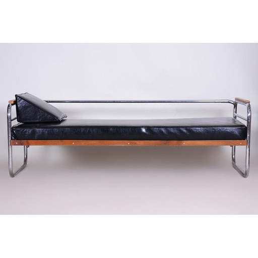 Vintage zwartleren bank van Thonet, Tsjecho-Slowakije jaren 1930