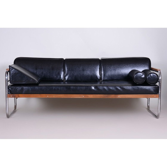 Image 1 of Vintage zwartleren bank van Thonet, Tsjecho-Slowakije jaren 1930