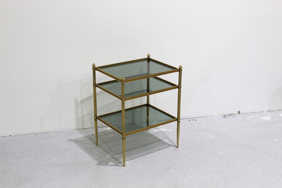 Image 1 of Vintage bijzettafel - blauw rookglas, messing jaren '70