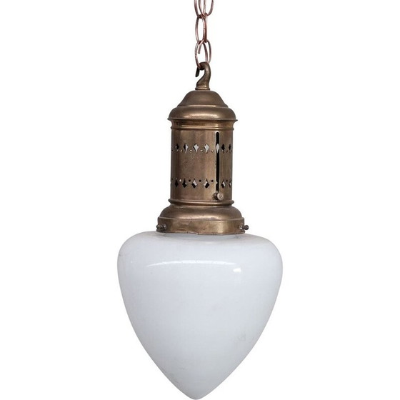 Image 1 of Vintage messing en opaline glazen hanglamp, Frankrijk 1930