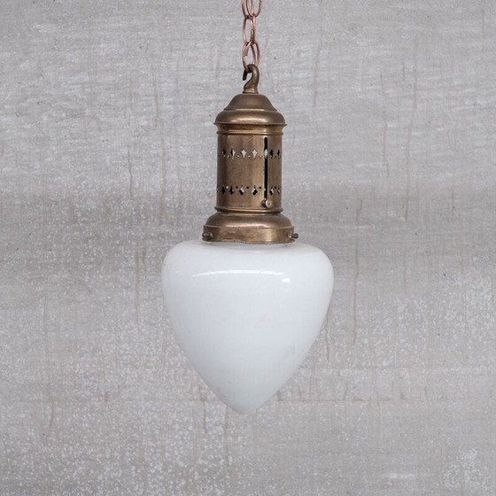 Image 1 of Vintage messing en opaline glazen hanglamp, Frankrijk 1930