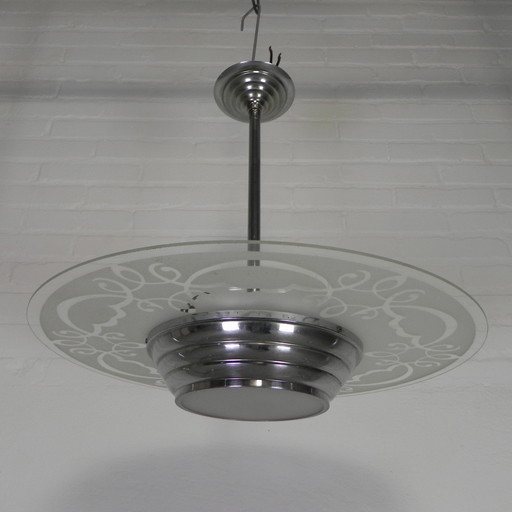 Art Deco Hanglamp Met Glazen Schijf, Jaren 30