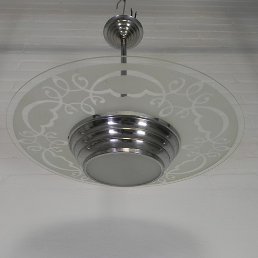 Art Deco Hanglamp Met Glazen Schijf, Jaren 30