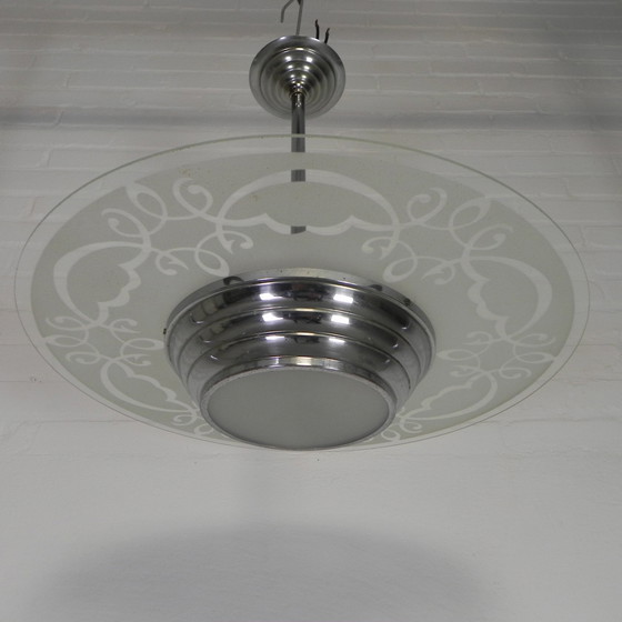 Image 1 of Art Deco Hanglamp Met Glazen Schijf, Jaren 30