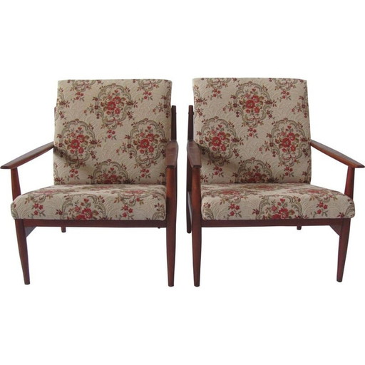 Paar vintage fauteuils met bloemenpatroon voor Ton, Tsjecho-Slowakije 1960