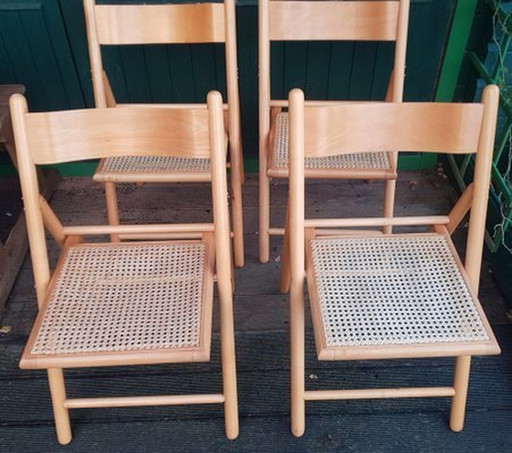 Vintage houten klapstoelen met Weens gevlochten zittingen, set van 4