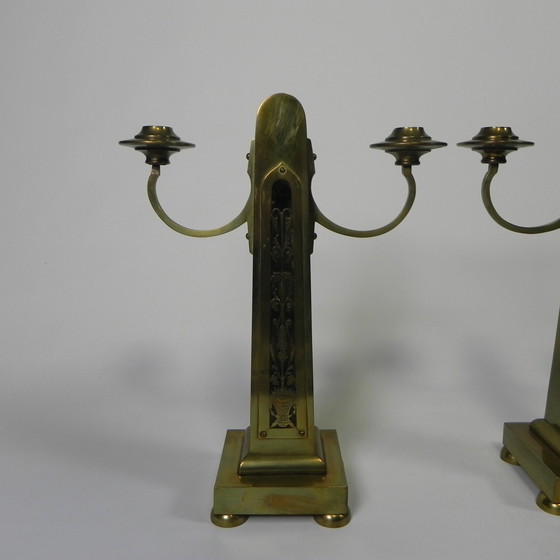 Image 1 of Set Van 2 Messing Art Nouveau Kandelaars, Rond 1910