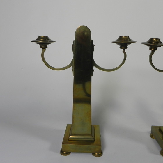 Image 1 of Set Van 2 Messing Art Nouveau Kandelaars, Rond 1910