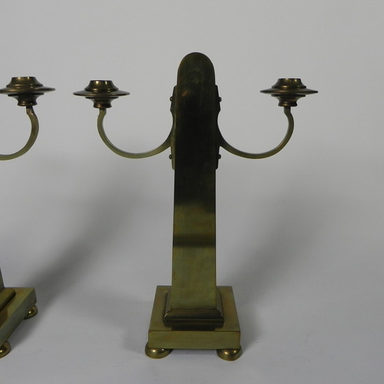 Image 1 of Set Van 2 Messing Art Nouveau Kandelaars, Rond 1910