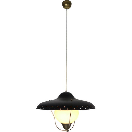 Vintage hanglamp in opaline glas en opaal messing van Bent Karlby voor Lyfa, Denemarken 1950