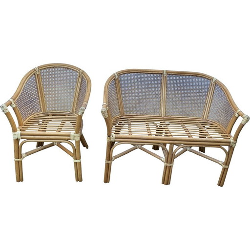 Vintage rotan en rieten woonkamer set, 1970