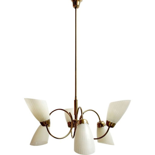 Vintage kroonluchter in messing en glas 1950