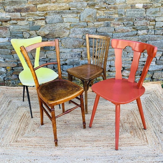 Image 1 of Set van 4 vintage stoelen van hout, metaal en kunststof