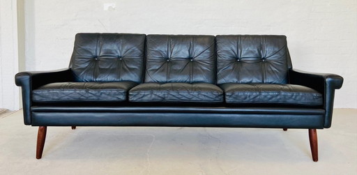 Vintage Deense Retro Svend Skipper 3-persoonsbank in zwart leer 1960
