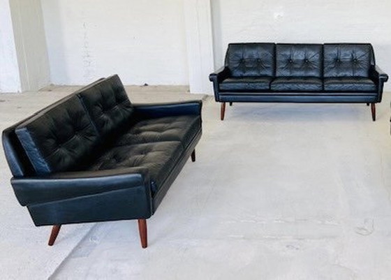 Image 1 of Vintage Deense Retro Svend Skipper 3-persoonsbank in zwart leer 1960