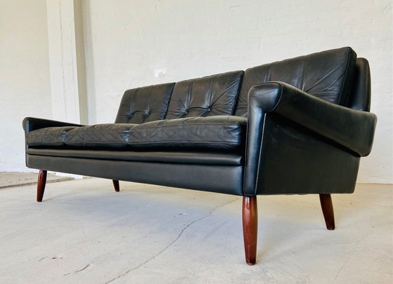 Image 1 of Vintage Deense Retro Svend Skipper 3-persoonsbank in zwart leer 1960