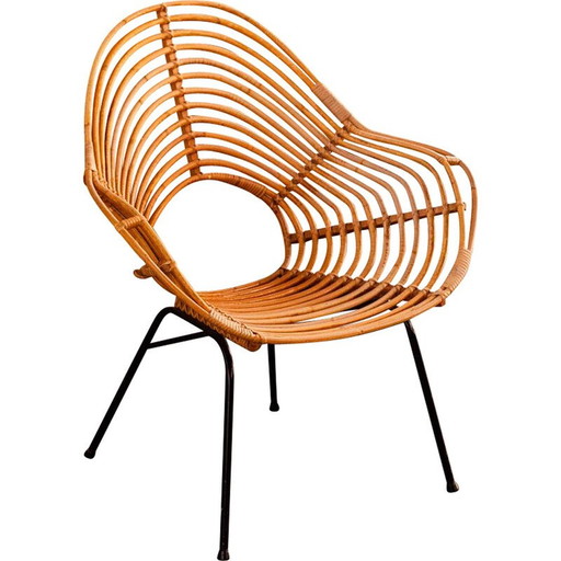 Vintage rotan en metalen fauteuil van H. Broekhuizen voor Rohé Noordwolde, Nederland 1960