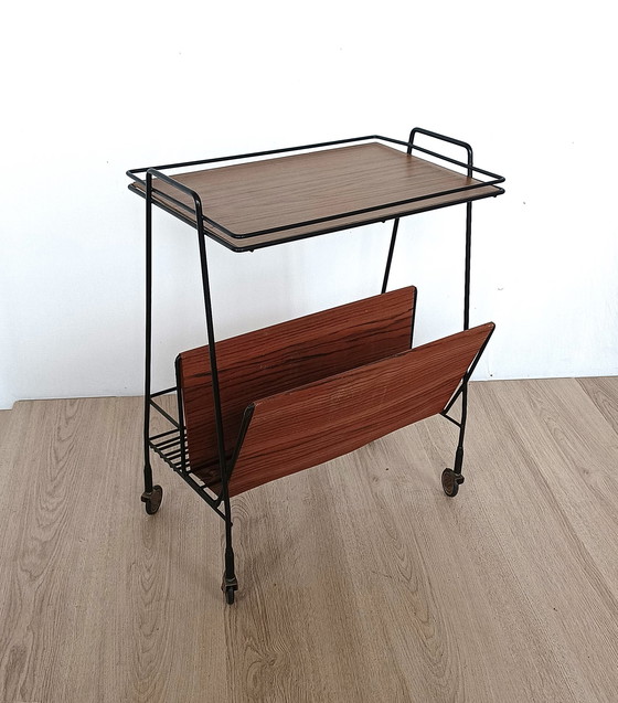 Image 1 of Zestiger jaren string trolley met lektuurbak en flessenrek 
