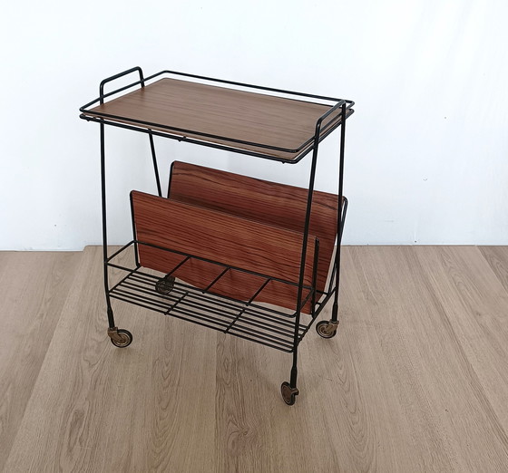 Image 1 of Zestiger jaren string trolley met lektuurbak en flessenrek 