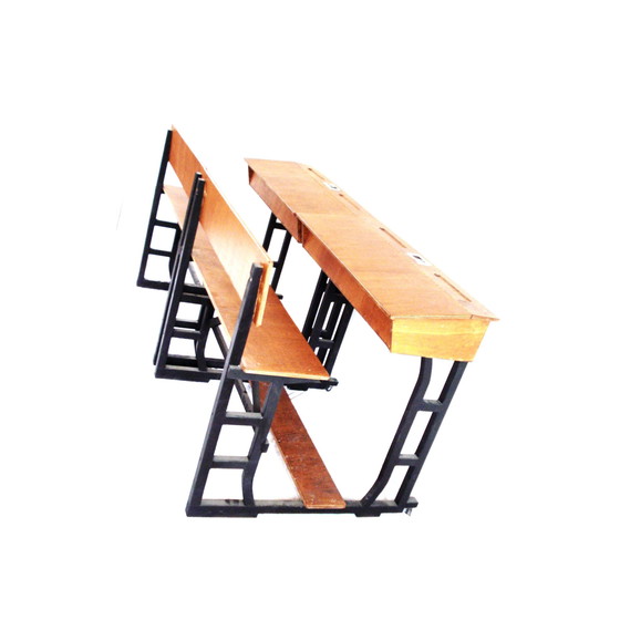 Image 1 of Groot Schoolbureau Van Hout Op Wieltjes Met Klep, Leuk Voor Horeca Of Kantoor