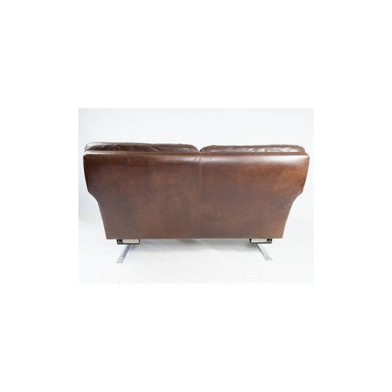 Image 1 of Vintage 2-zitsbank bekleed met bruin leer en metalen frame van Arne Norell 1970