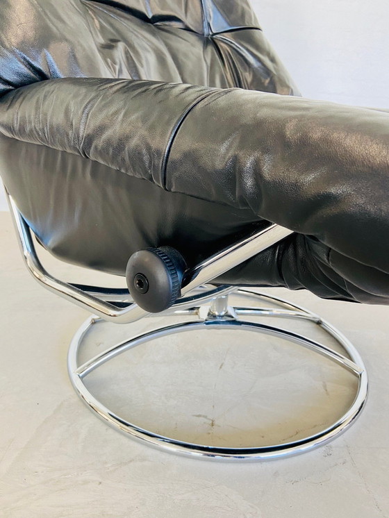 Image 1 of Vintage Deense Retro Mid Century Zwart Leren Stressless Bureaustoel 1970,S