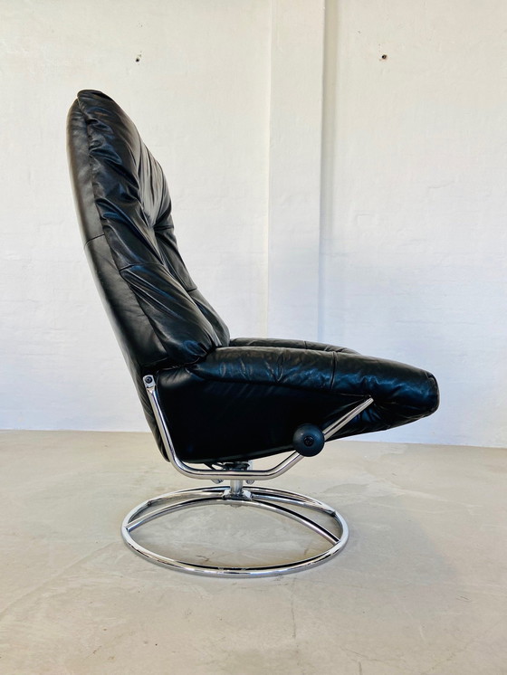 Image 1 of Vintage Deense Retro Mid Century Zwart Leren Stressless Bureaustoel 1970,S