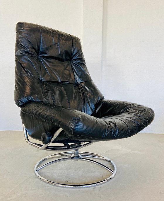 Image 1 of Vintage Deense Retro Mid Century Zwart Leren Stressless Bureaustoel 1970,S