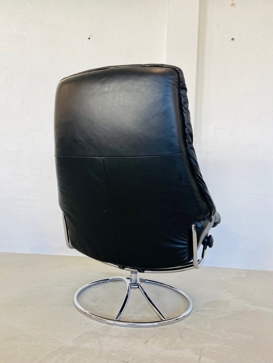 Image 1 of Vintage Deense Retro Mid Century Zwart Leren Stressless Bureaustoel 1970,S