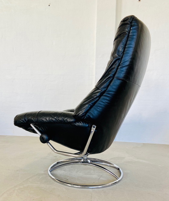 Image 1 of Vintage Deense Retro Mid Century Zwart Leren Stressless Bureaustoel 1970,S