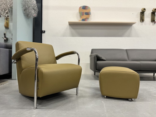 Leolux Scylla Fauteuil Met Poef Raffino Fennic Leer